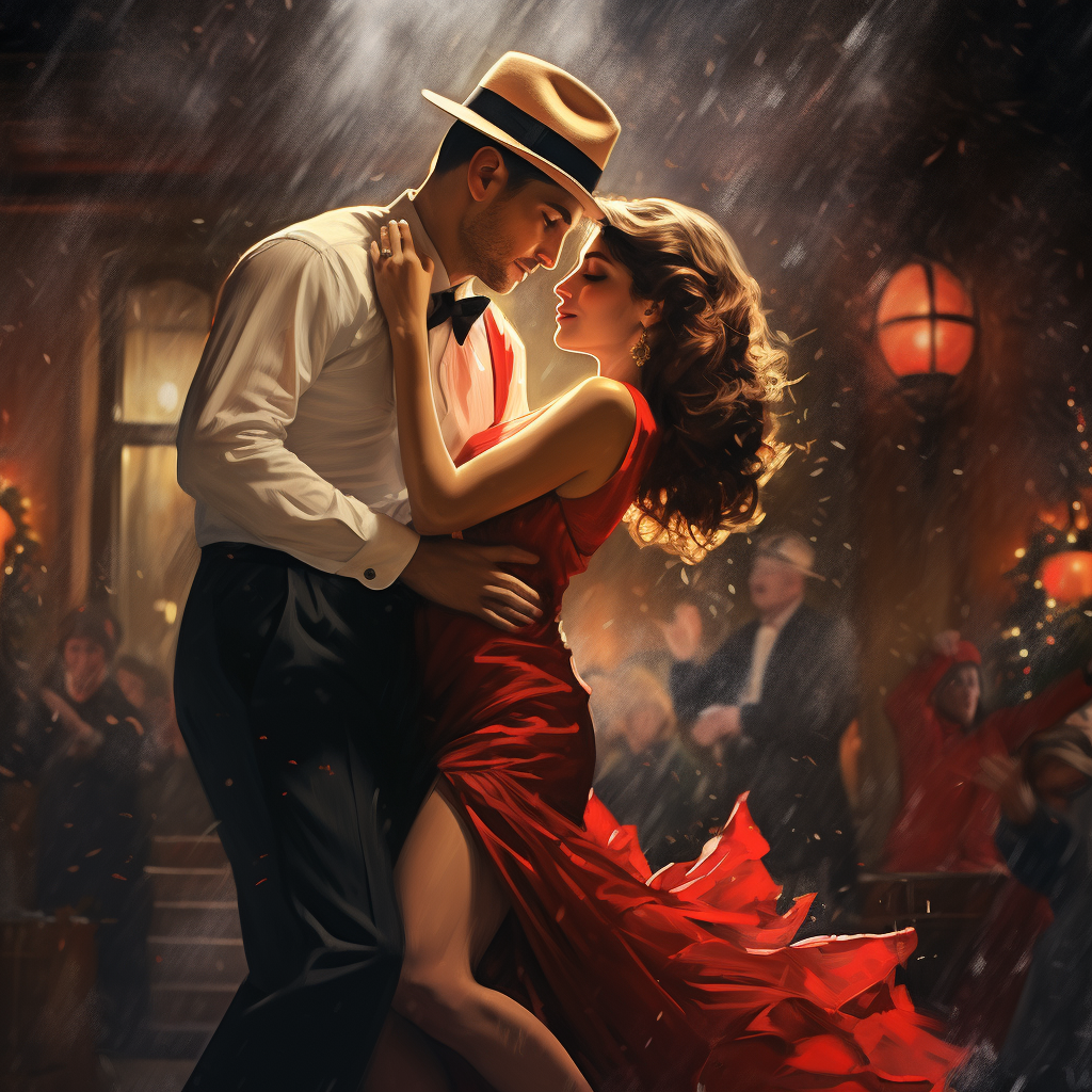 Joyful couple dancing tango during Christmas