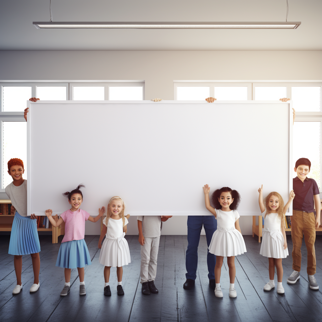 Happy teachers and childrens with white banner in classroom