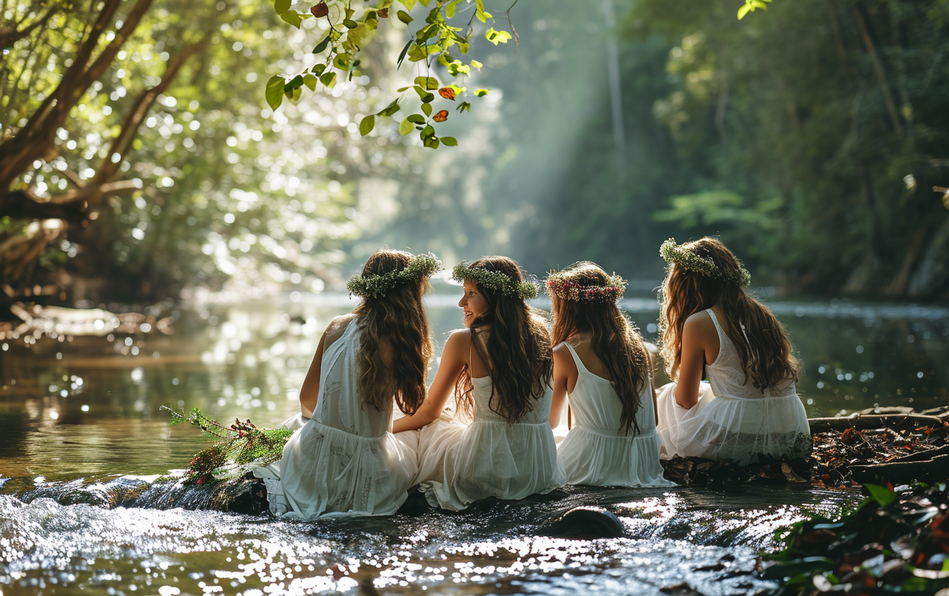 Group of happy teen girls in white dresses and flower crowns