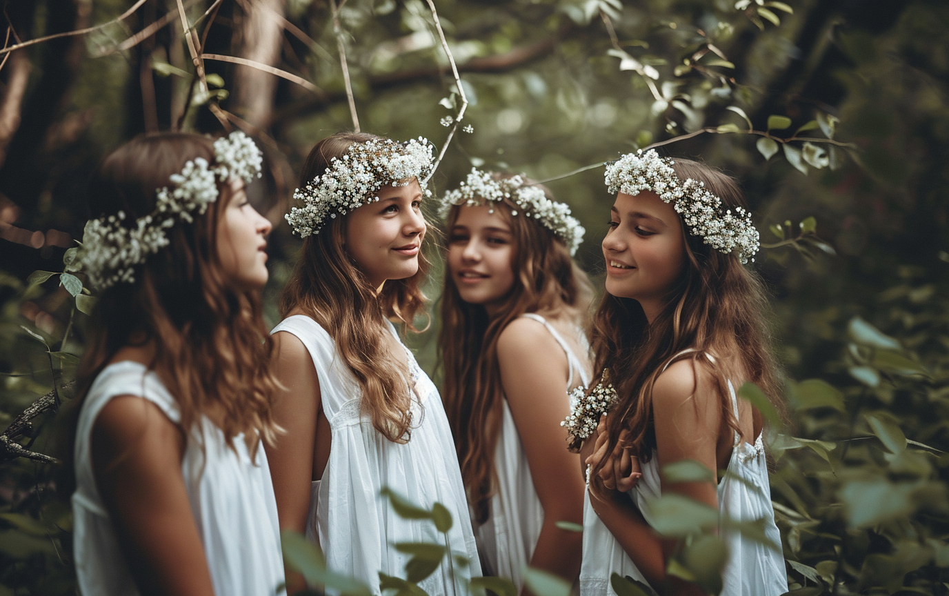 Group of Happy Teen Girls in Forest with Flower Crowns