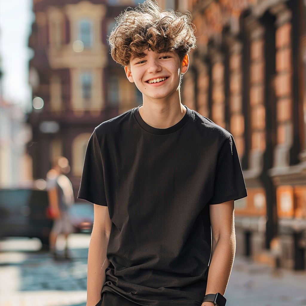 Smiling Teenager Black T-Shirt Mockup