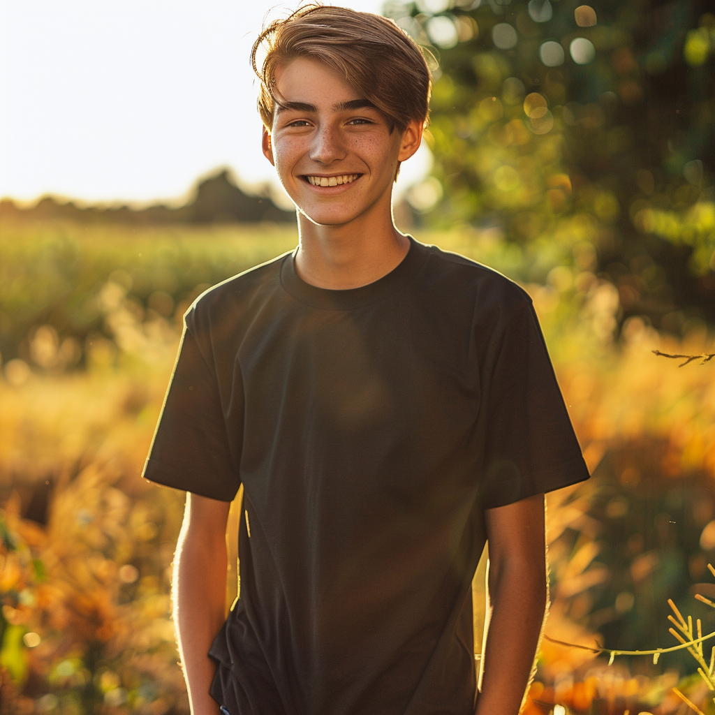 Smiling happy teenager in black t-shirt mockup