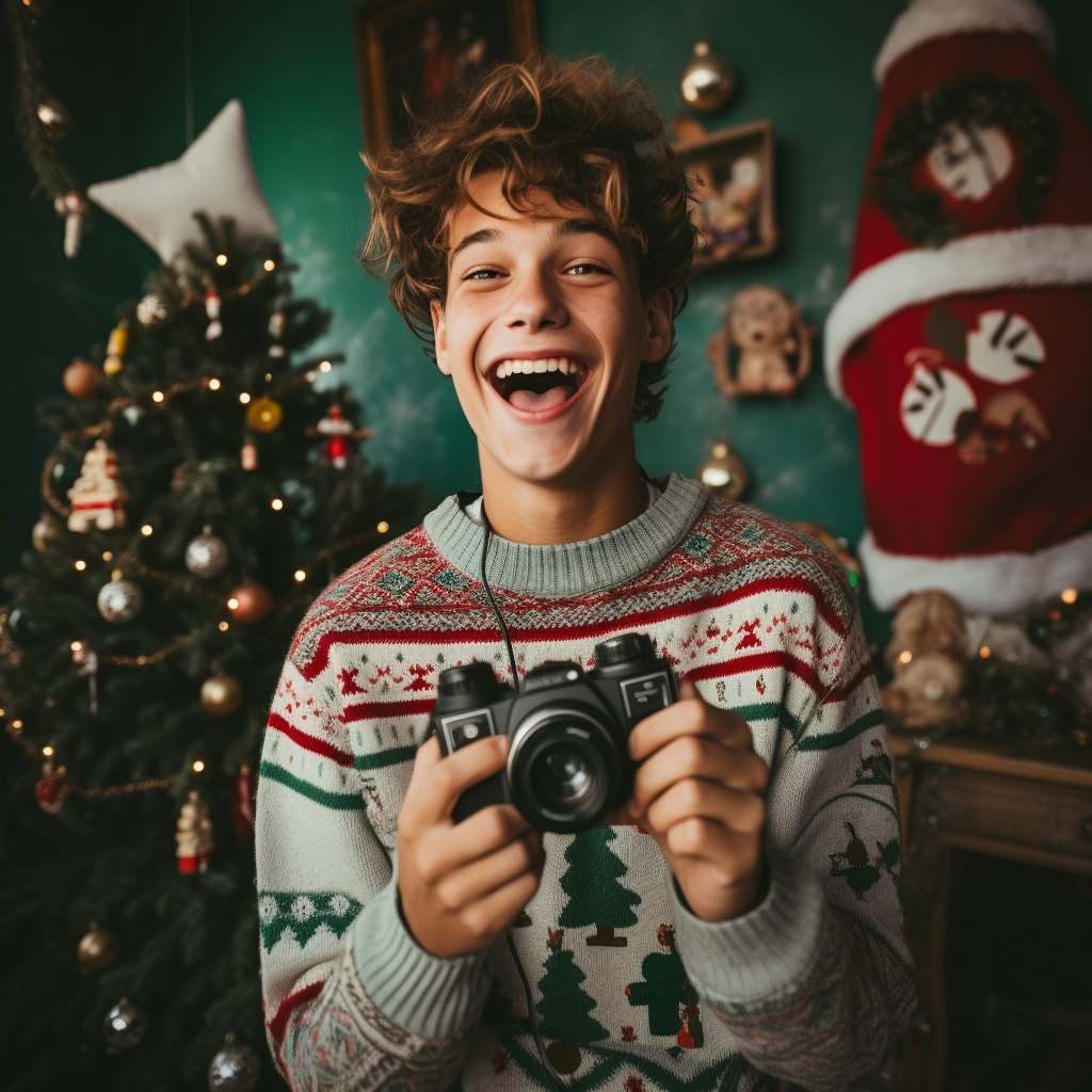 Teenager holding object with Christmas sweater