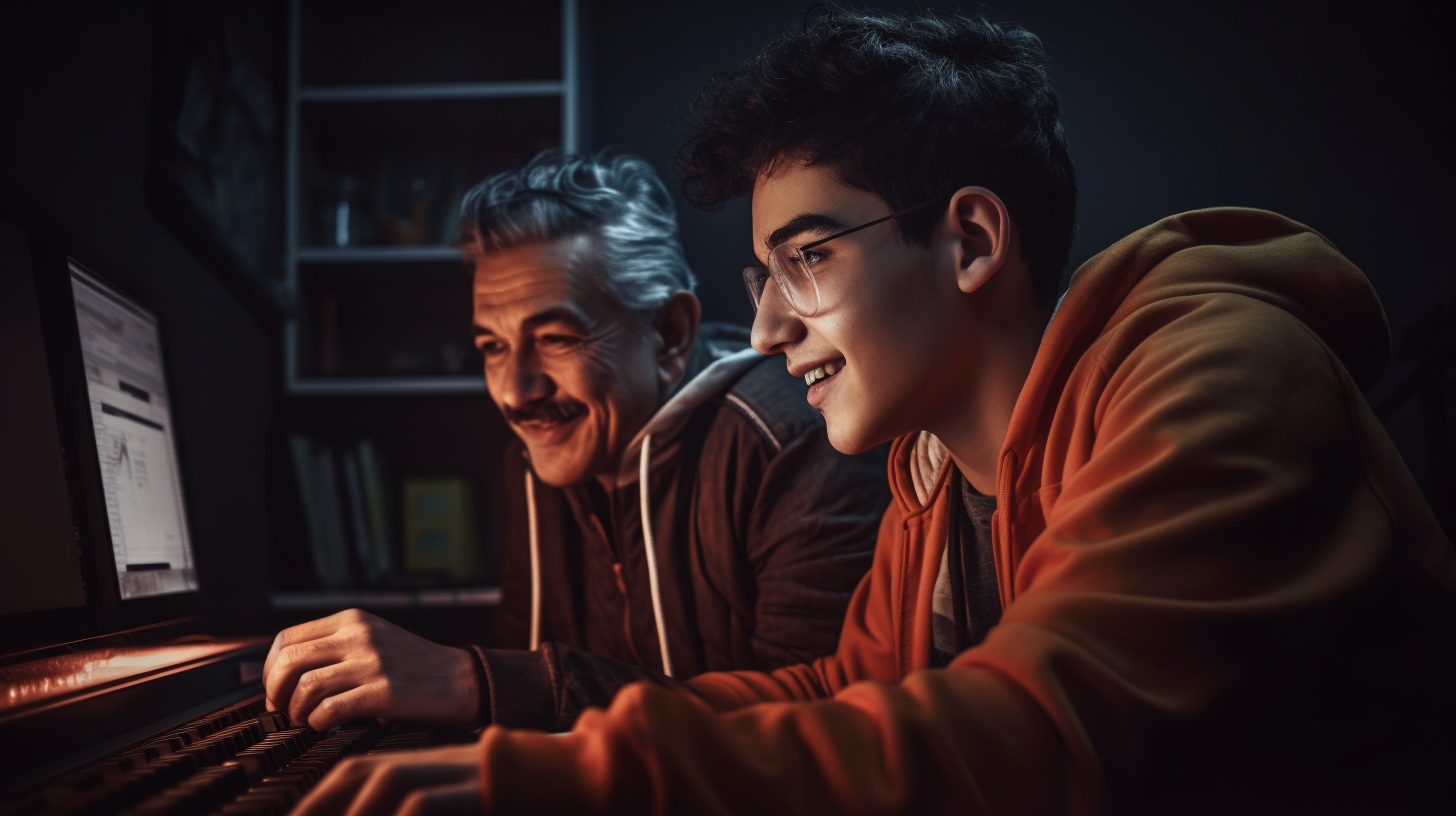 Teenager and Dad Playing Computer Happily