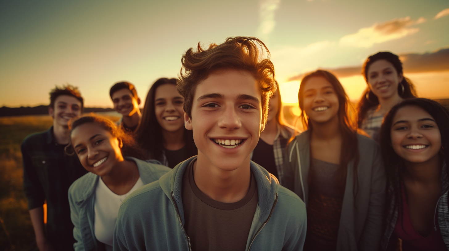 Group of happy teenagers watching movie outdoors