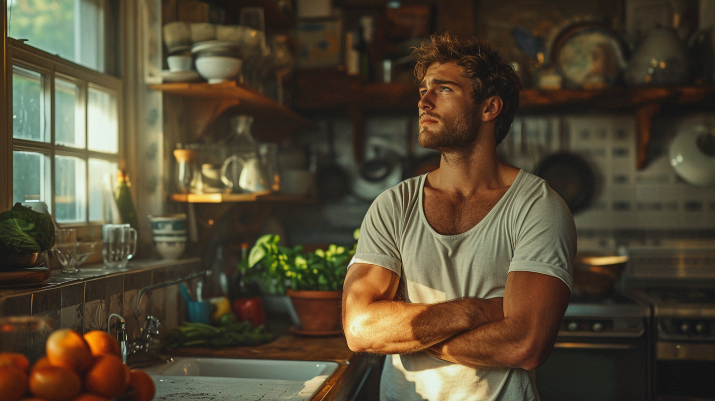 Mixed race man in British kitchen