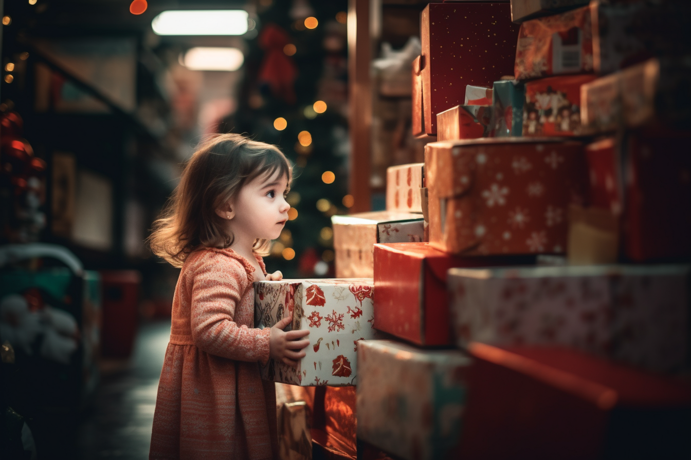 Happy toddler girl with gift boxes