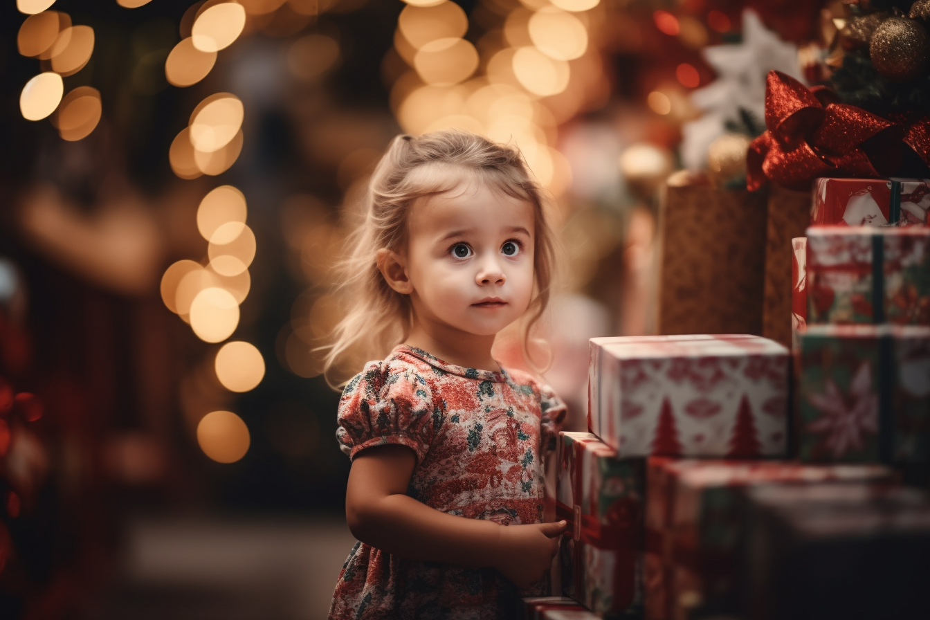 Smiling toddler girl holding Christmas gift boxes