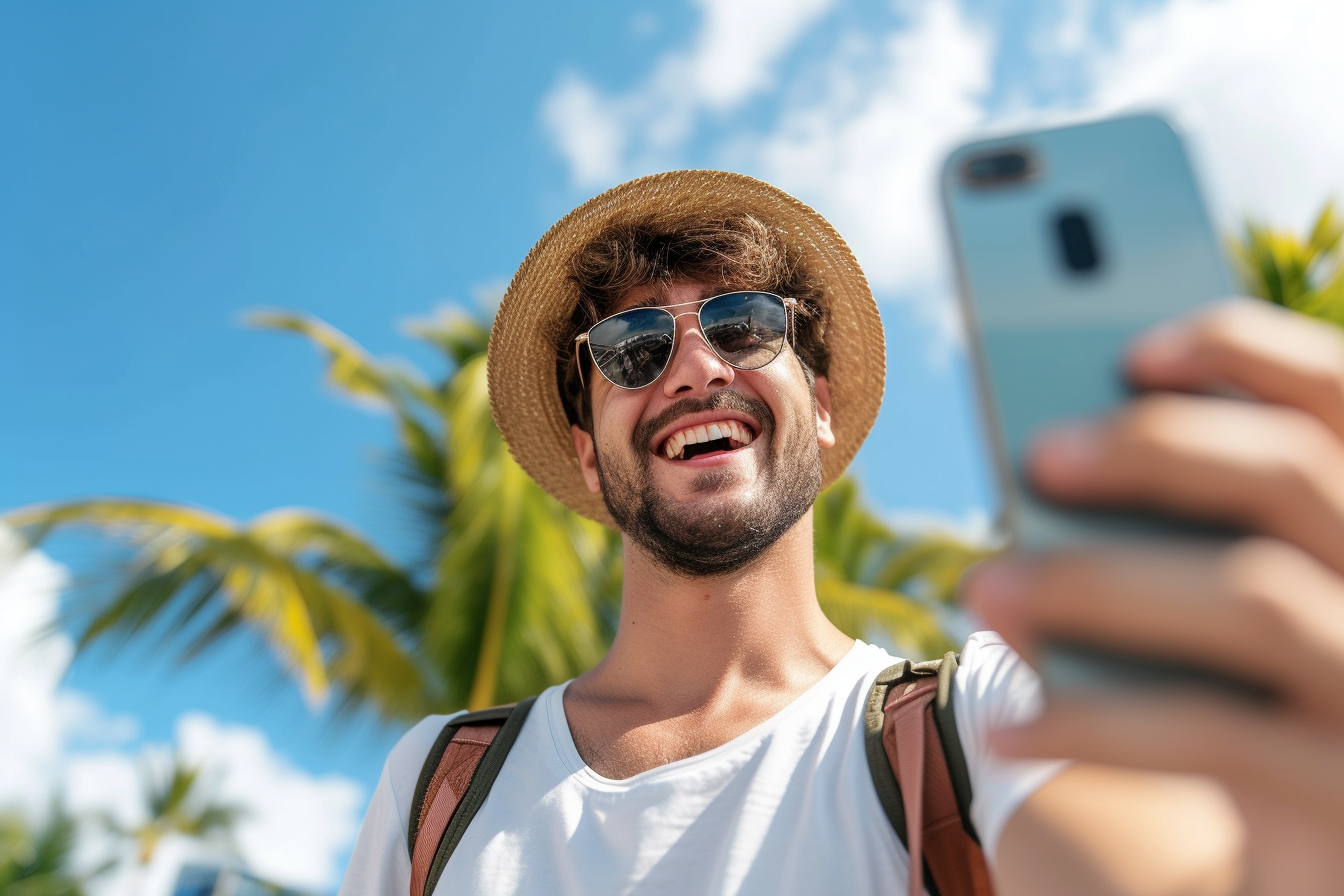 Happy tourist taking self portrait on summer vacation