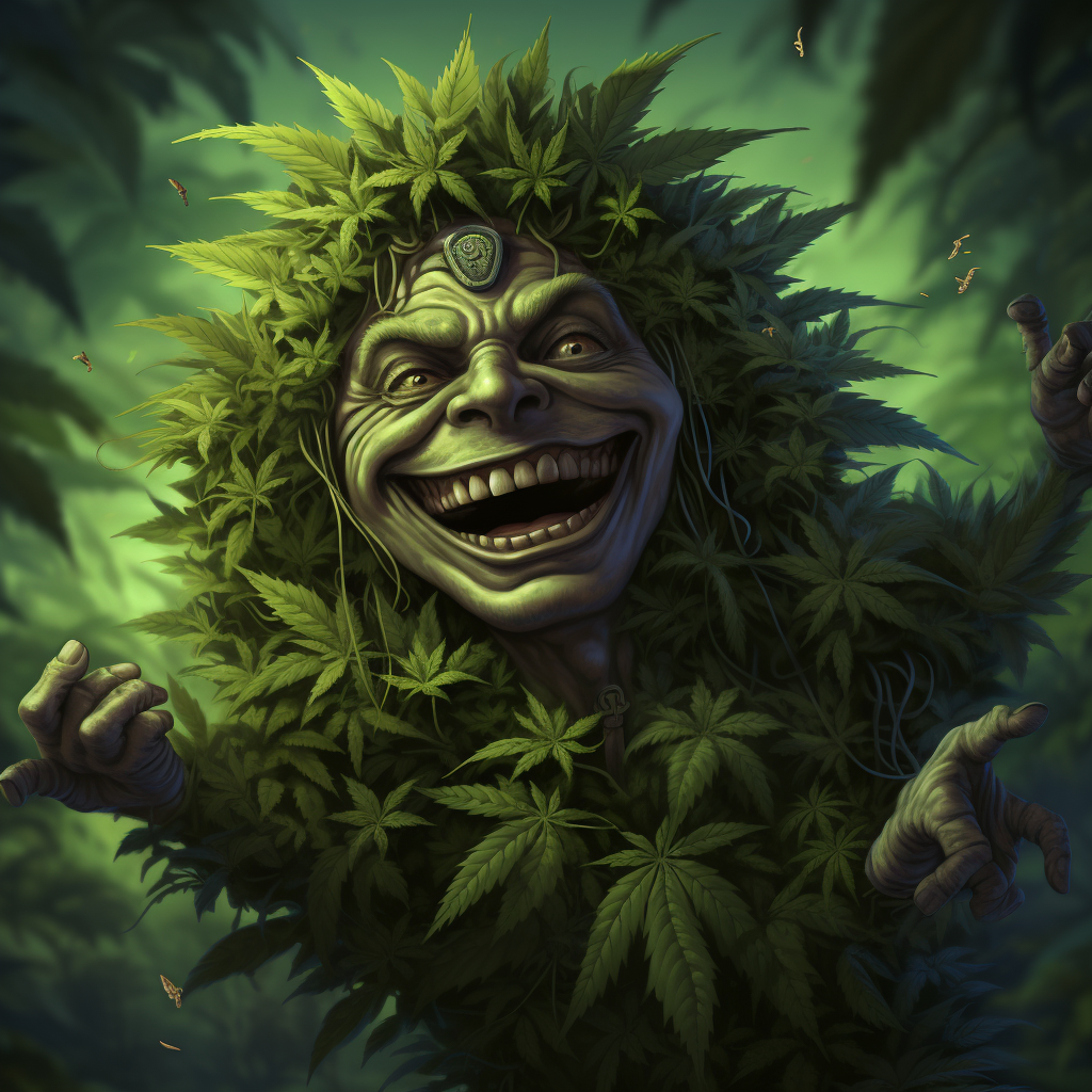 Happy trippy character with hemp leaves