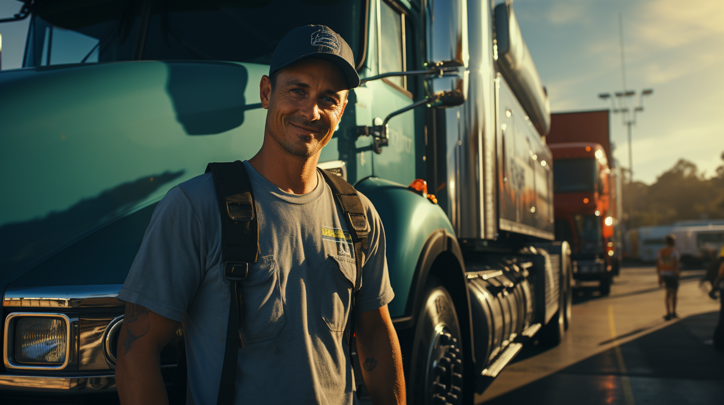 Happy truck driver at blue trailer gas station