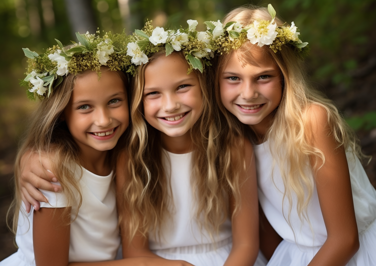 Smiling girls wearing white dresses and flower crowns