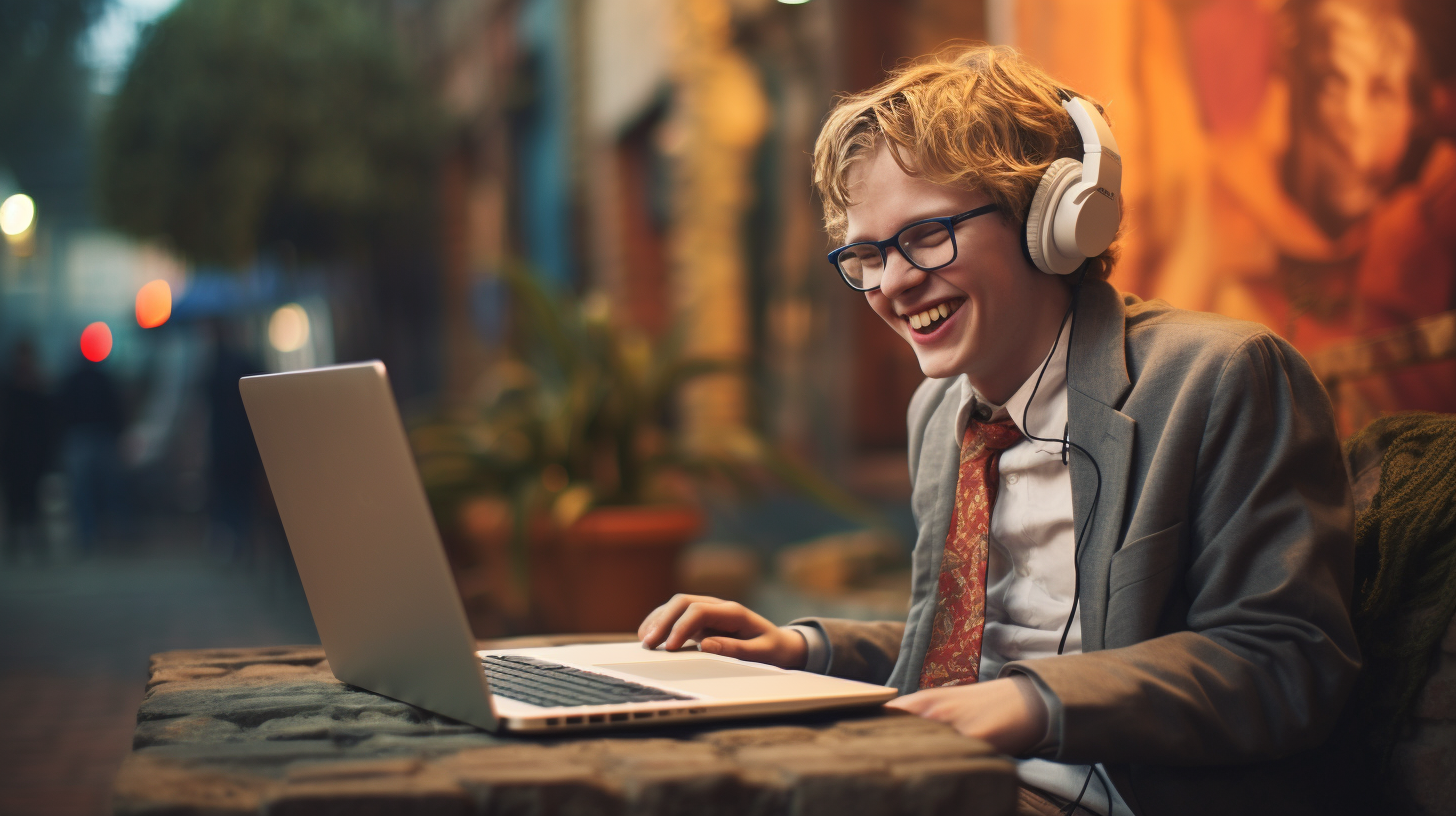 Smiling visually impaired person using a laptop