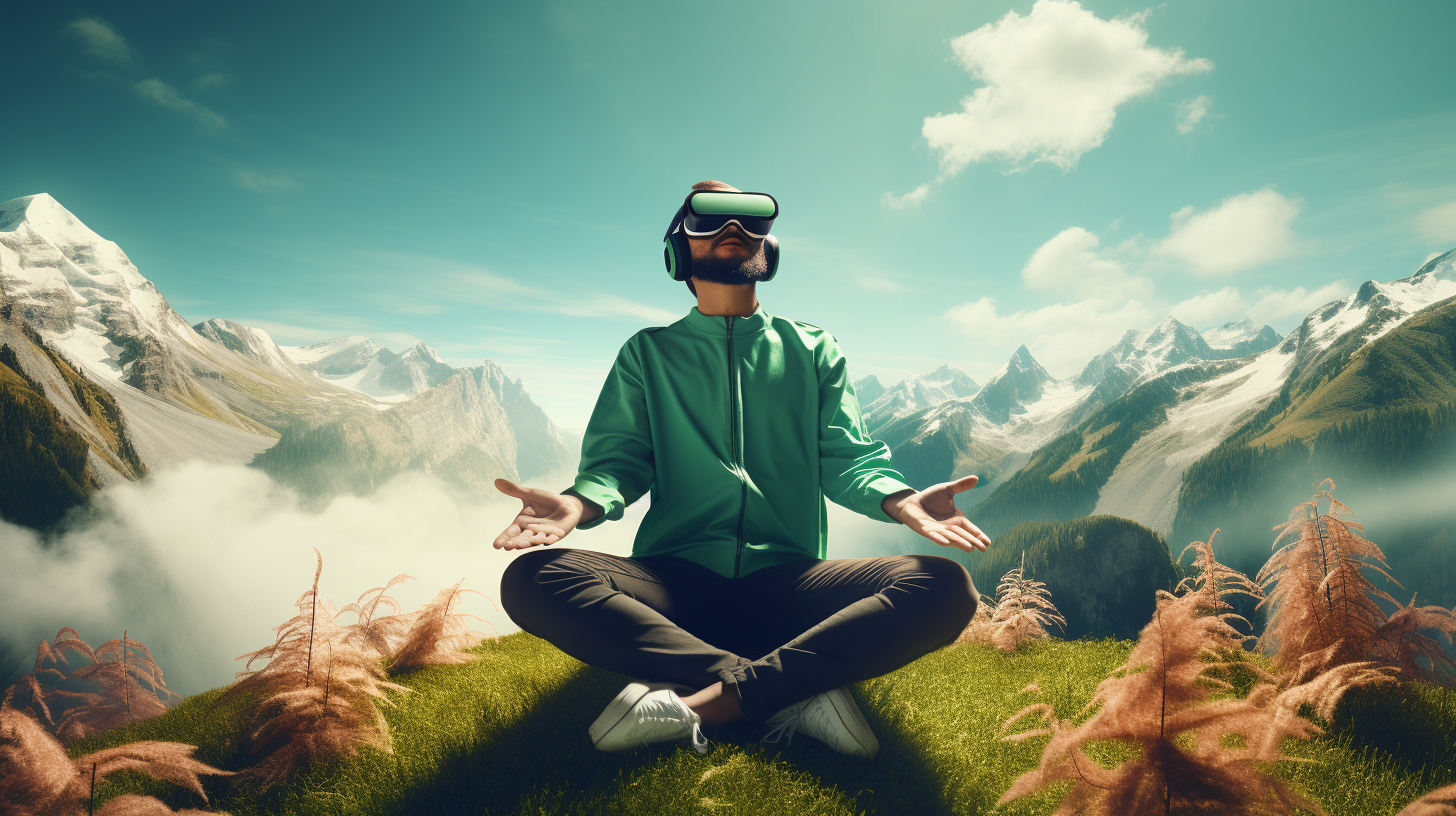 Man in VR headset in green mountains