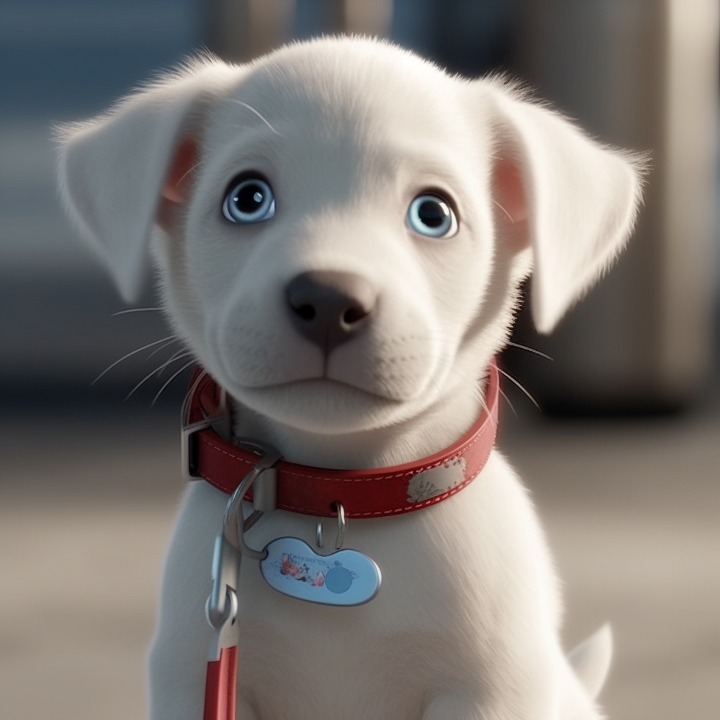 Cute white and gray puppy with blue eyes and red leash