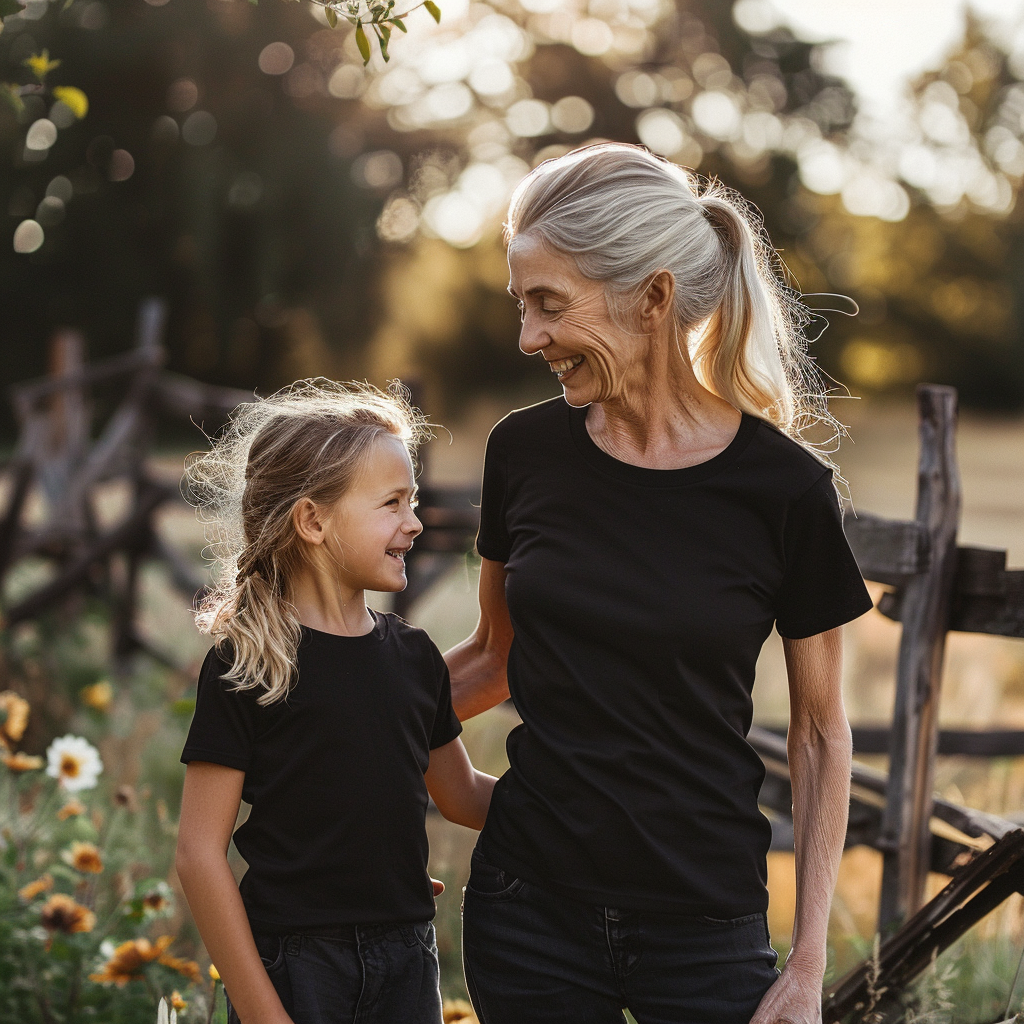 Happy woman black t-shirt daughter mockup