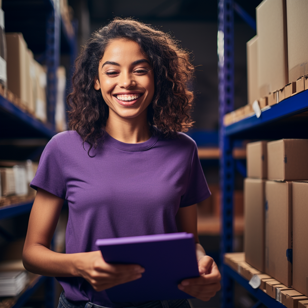 Happy woman checking ecommerce stock