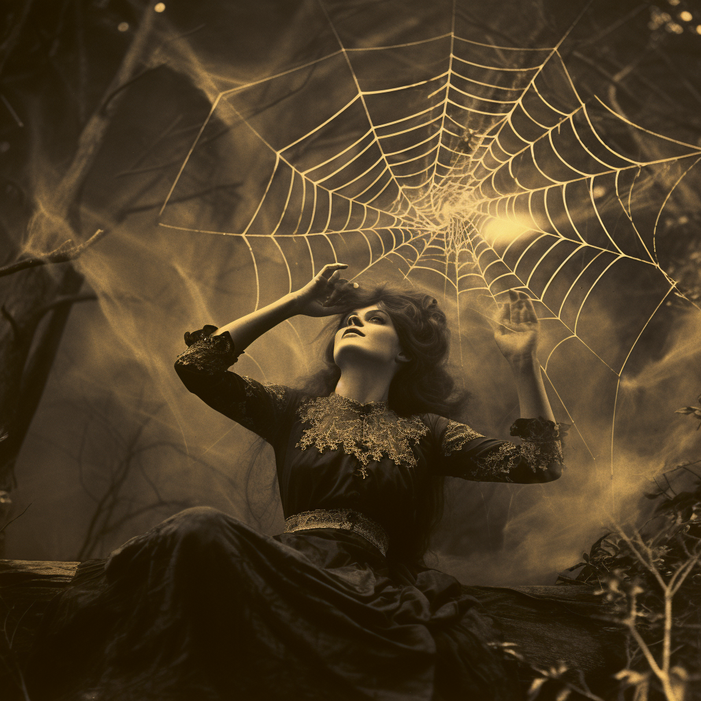 Happy woman lighting a cigarette in spider web