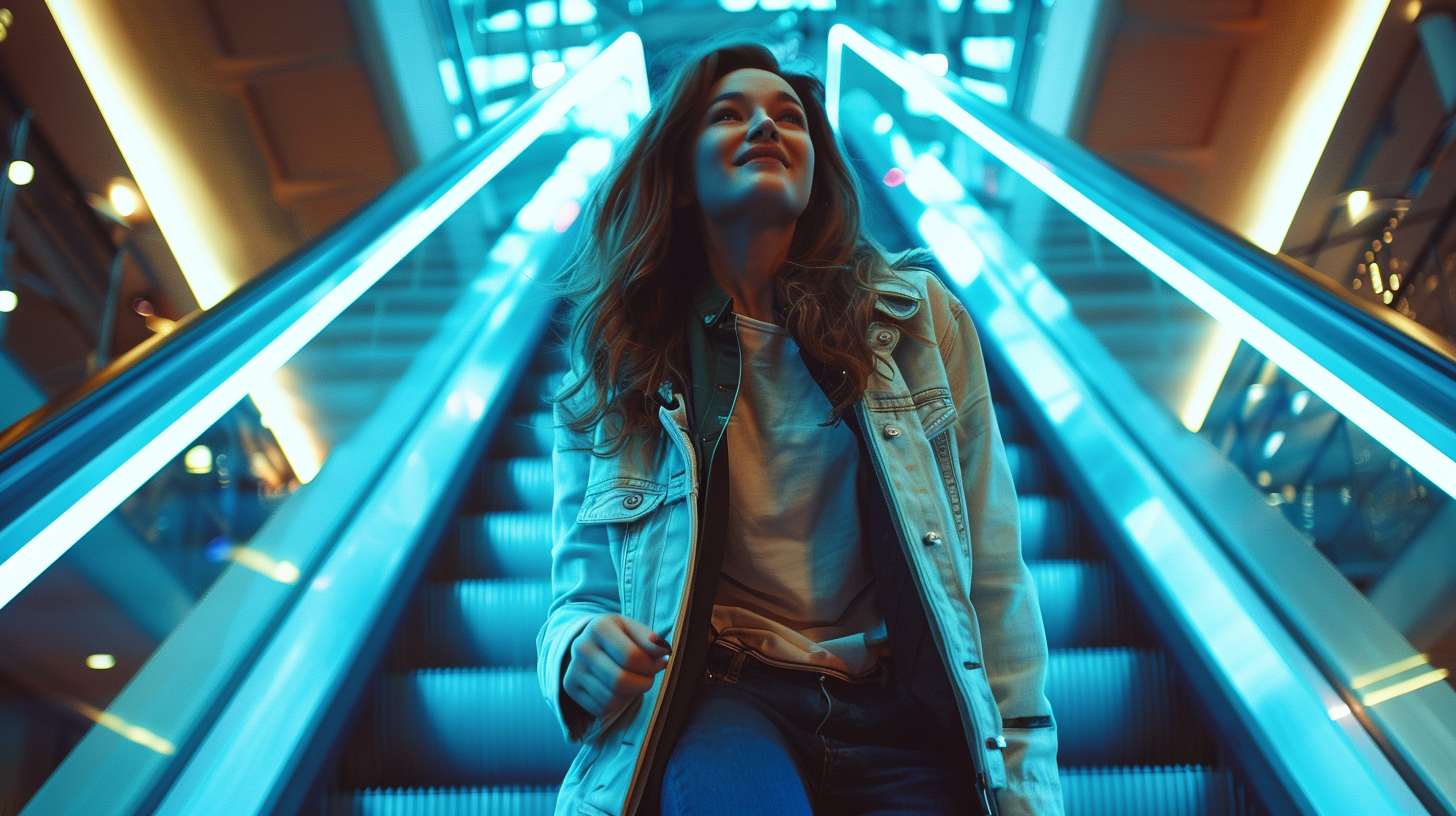 Woman climbing escalator mall colors