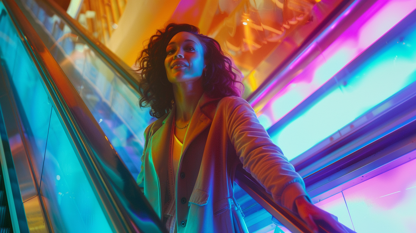 Happy woman on escalator in vibrant colors