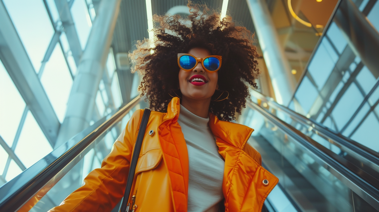 Woman Climbing Bright Escalator