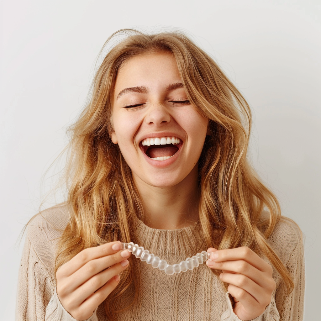 Happy Woman with Dental Aligners