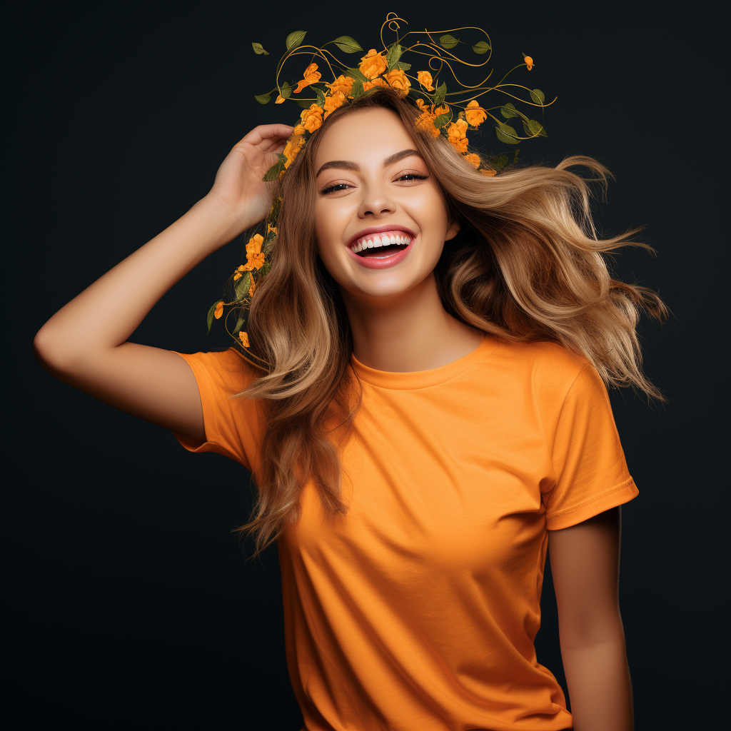 Happy woman in orange t-shirt