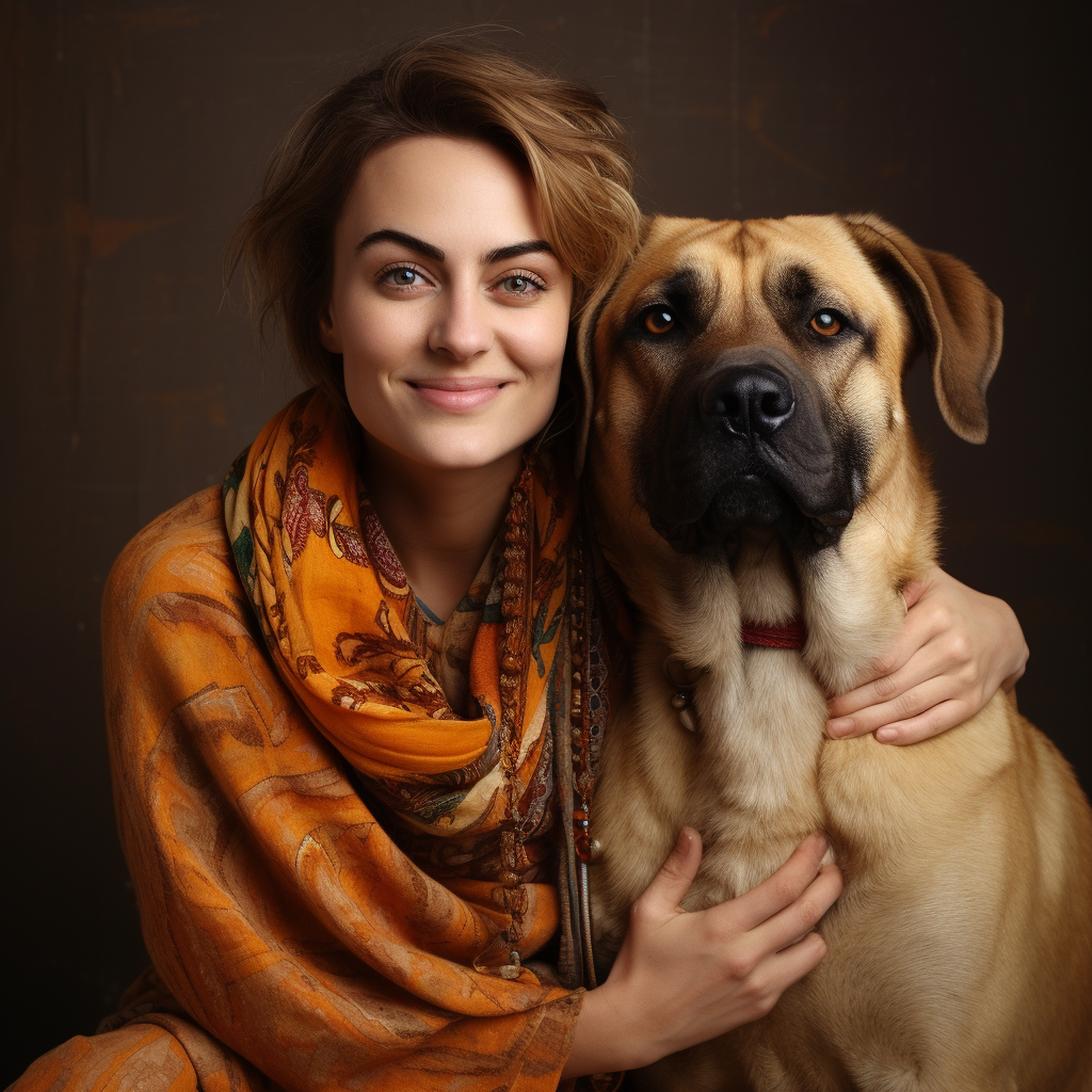 Happy woman petting brown Anatolian Shepherd dog