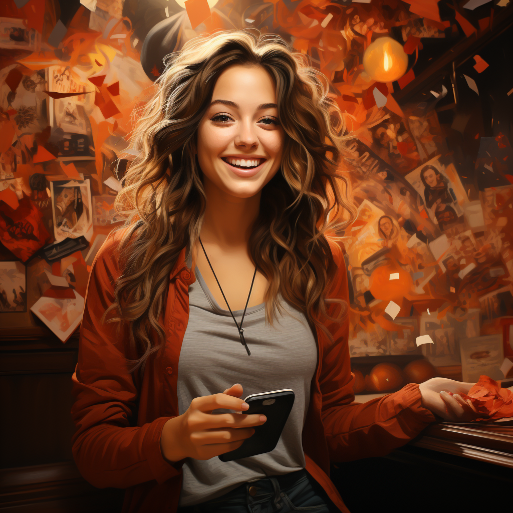 Young woman happily showing she won with a phone