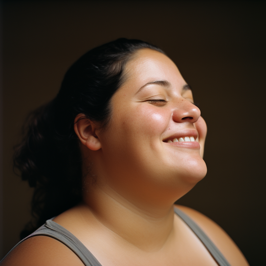 Happy woman with mugshot profile