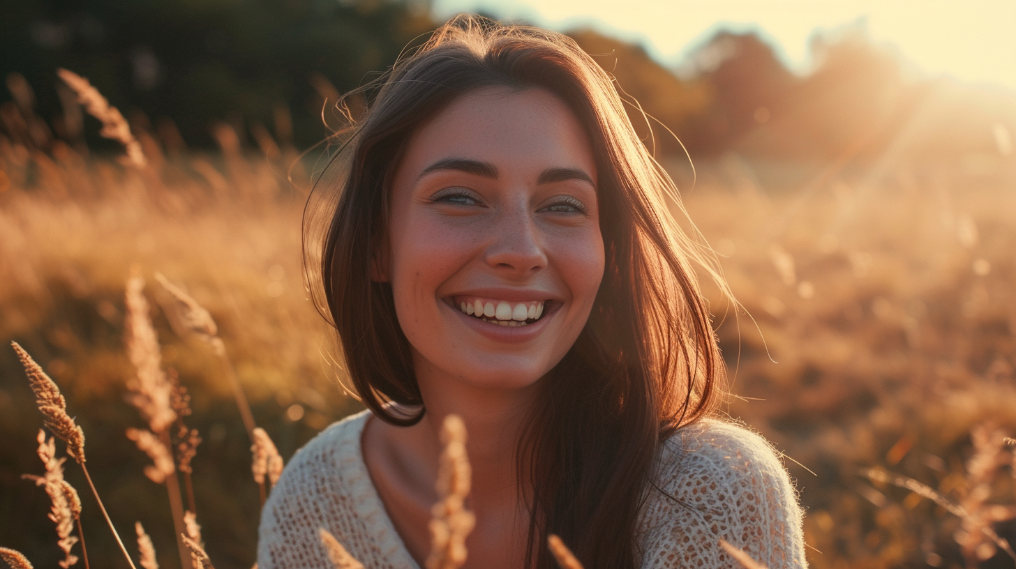 Happy woman with blemishes smiling at camera