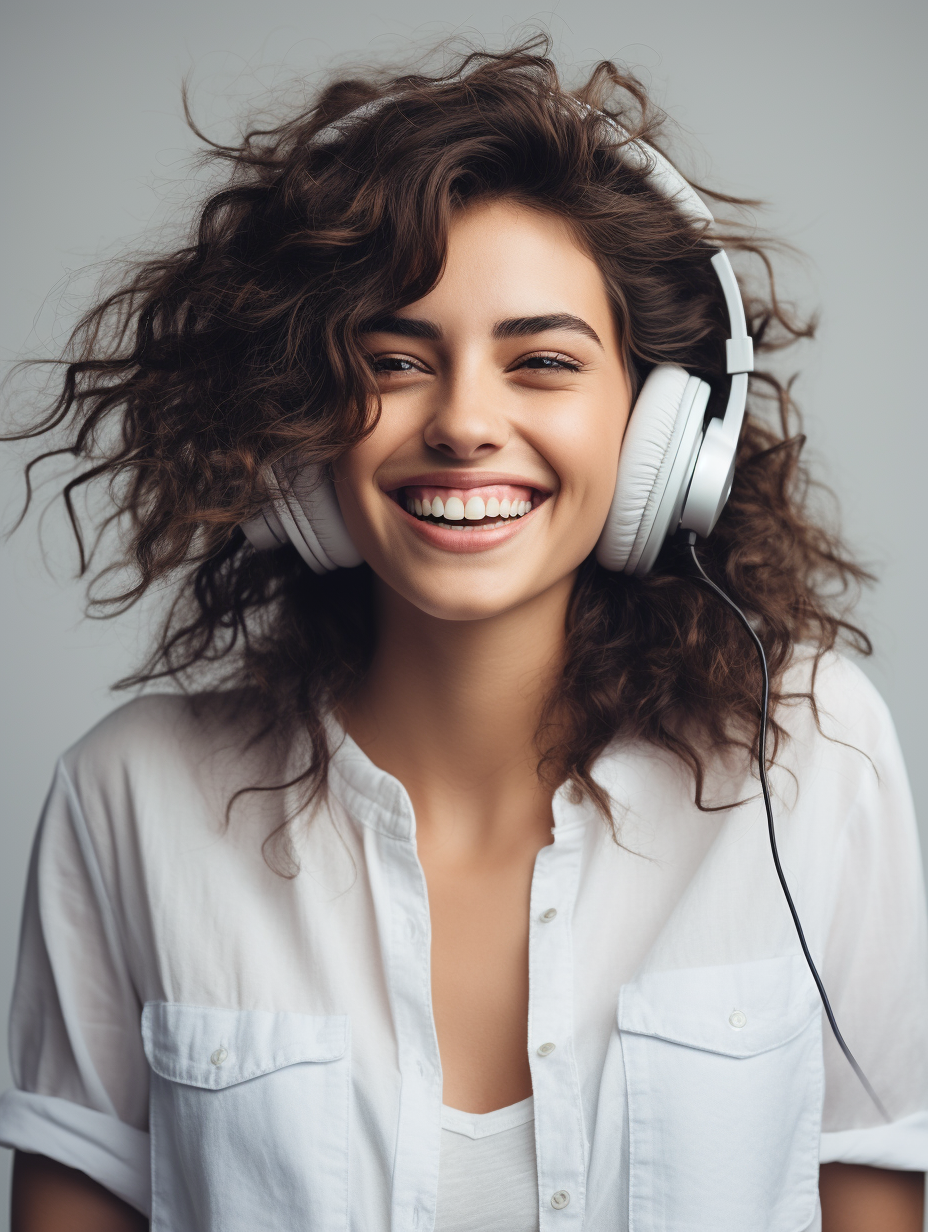 Happy woman with curly hair and headphones