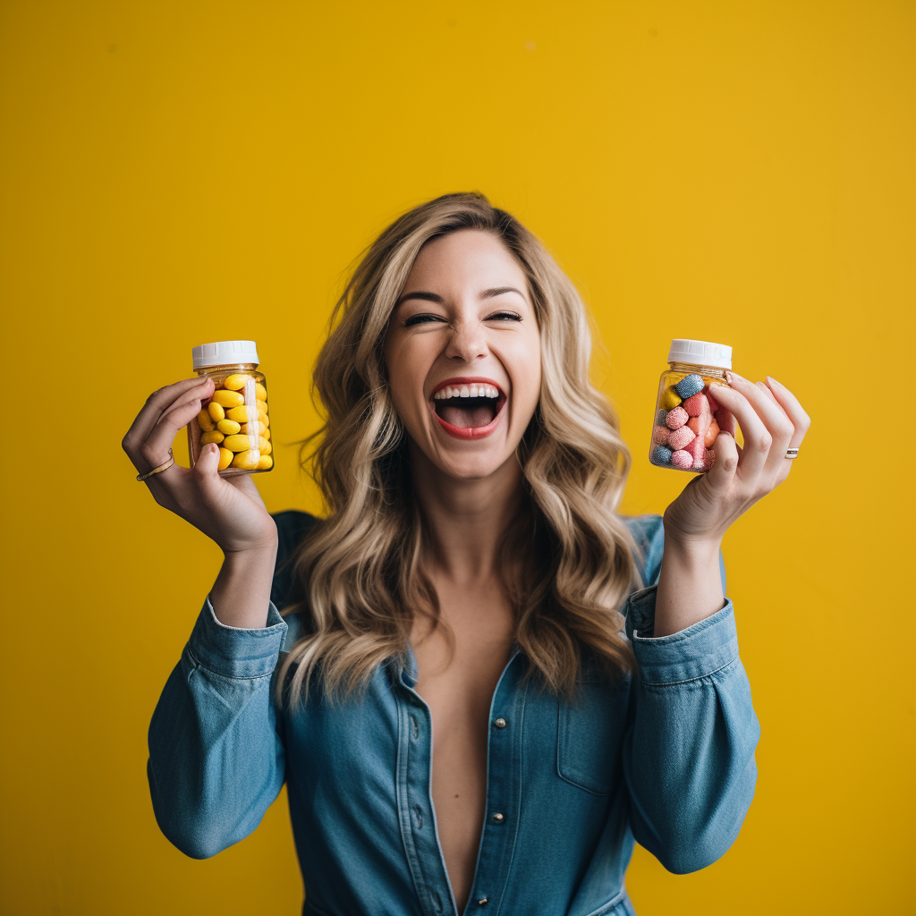 Happy woman with vegan supplements