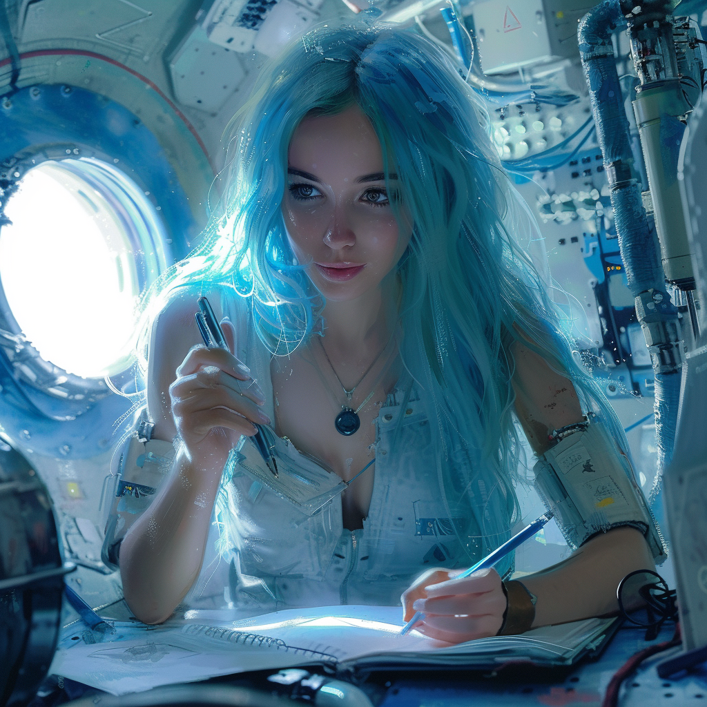 Happy woman writer with blue hair and skin in space ship