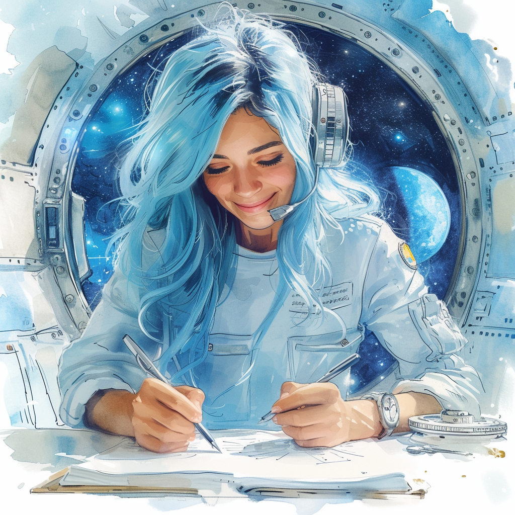 Happy woman writer with blue hair in a space ship