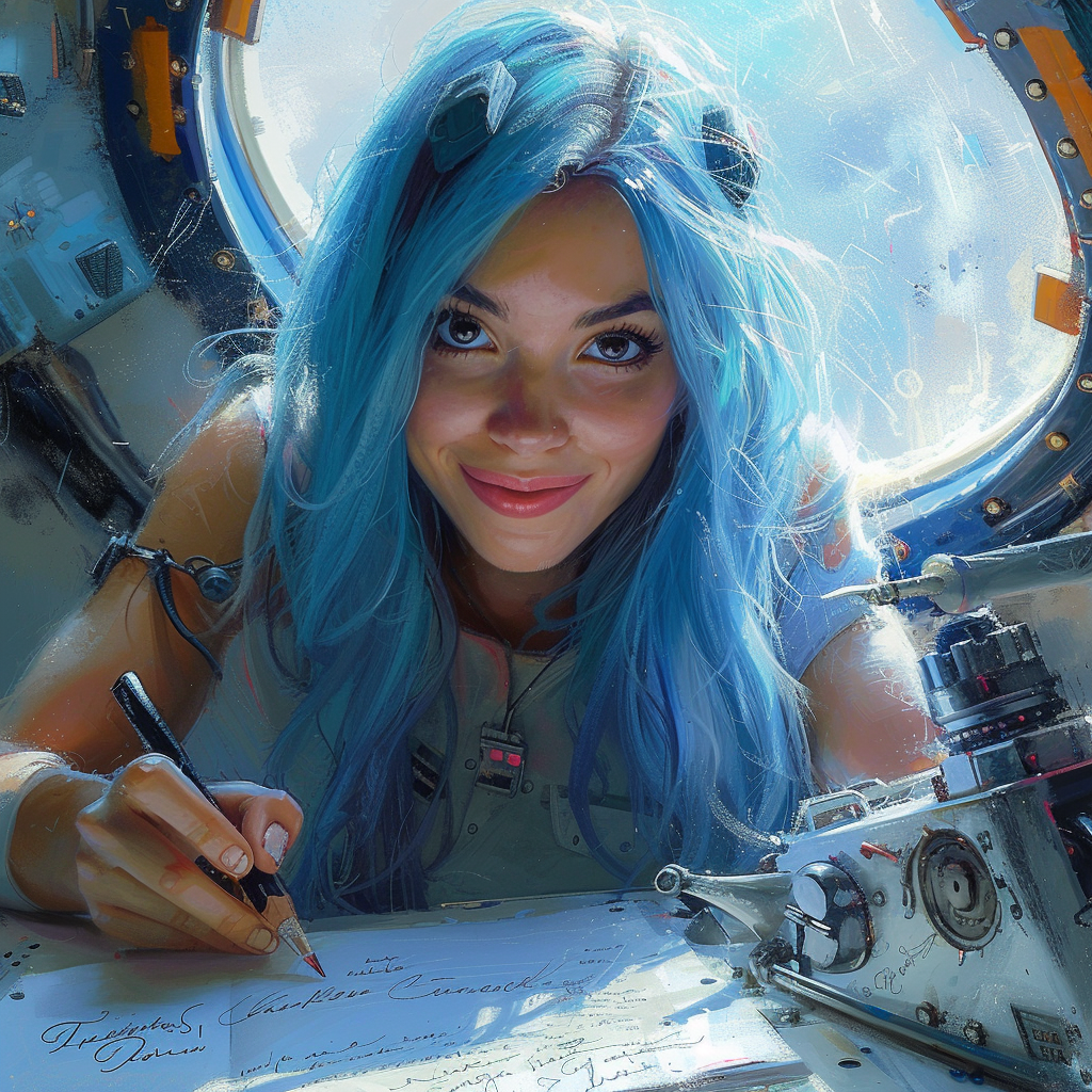 Happy woman writer in space ship