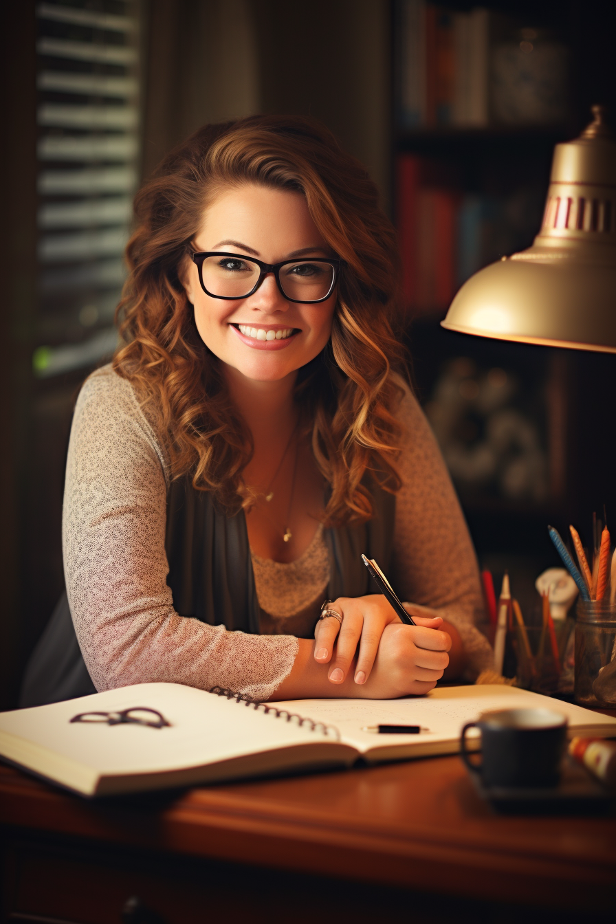 Happy book writer at desk