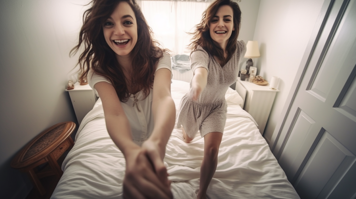 Two happy women having fun in a messy bedroom