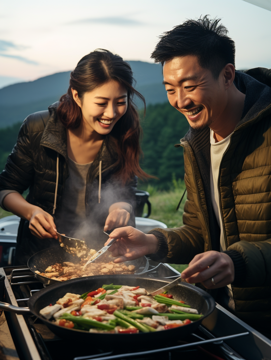 Chinese couple camping and barbecue