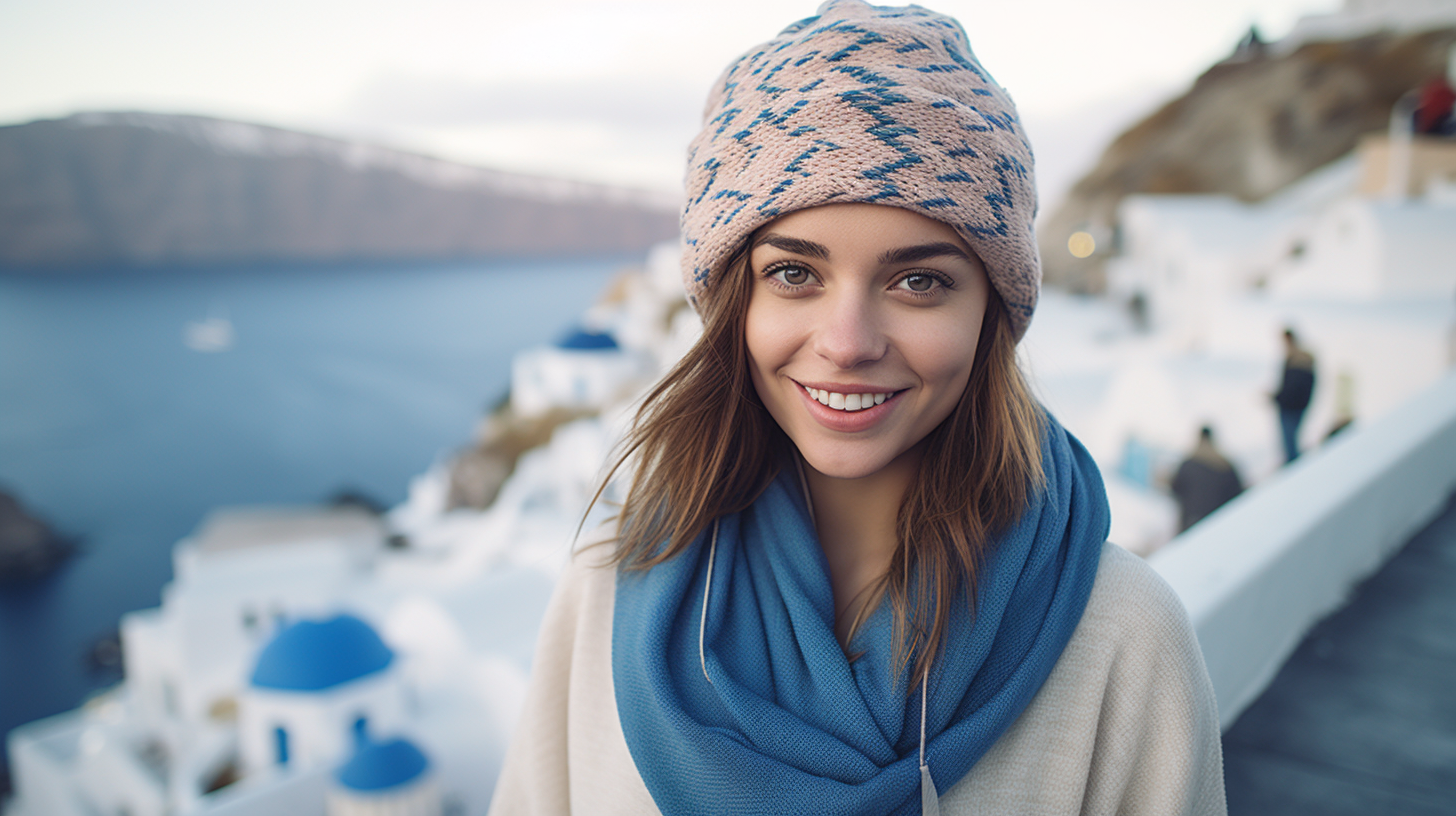 Happy woman with blue scarf on Santorini vacation