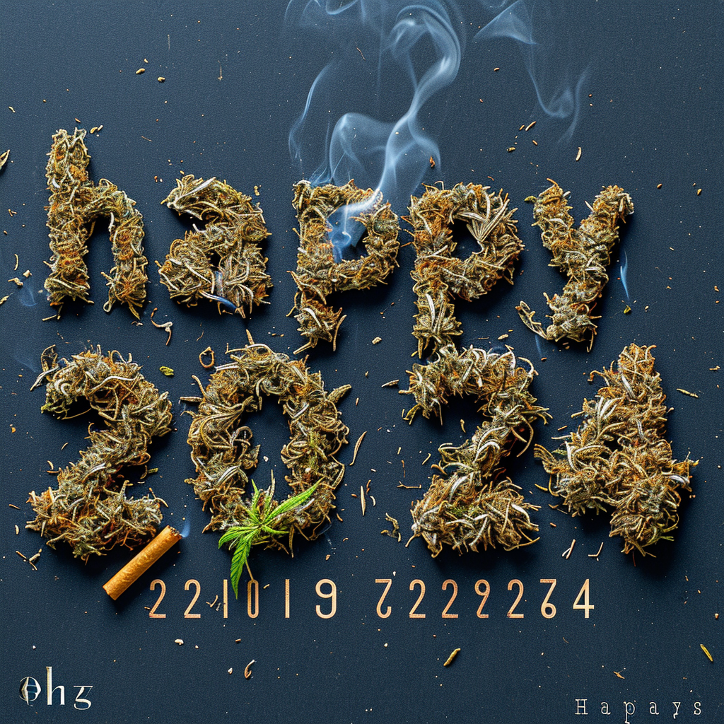 A joyful image depicting  Happy 2024  with a cigarette and weed