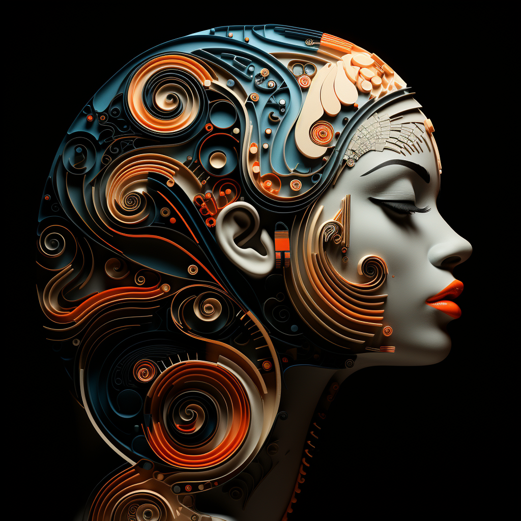 Happy abstract female face with fractals on plain background