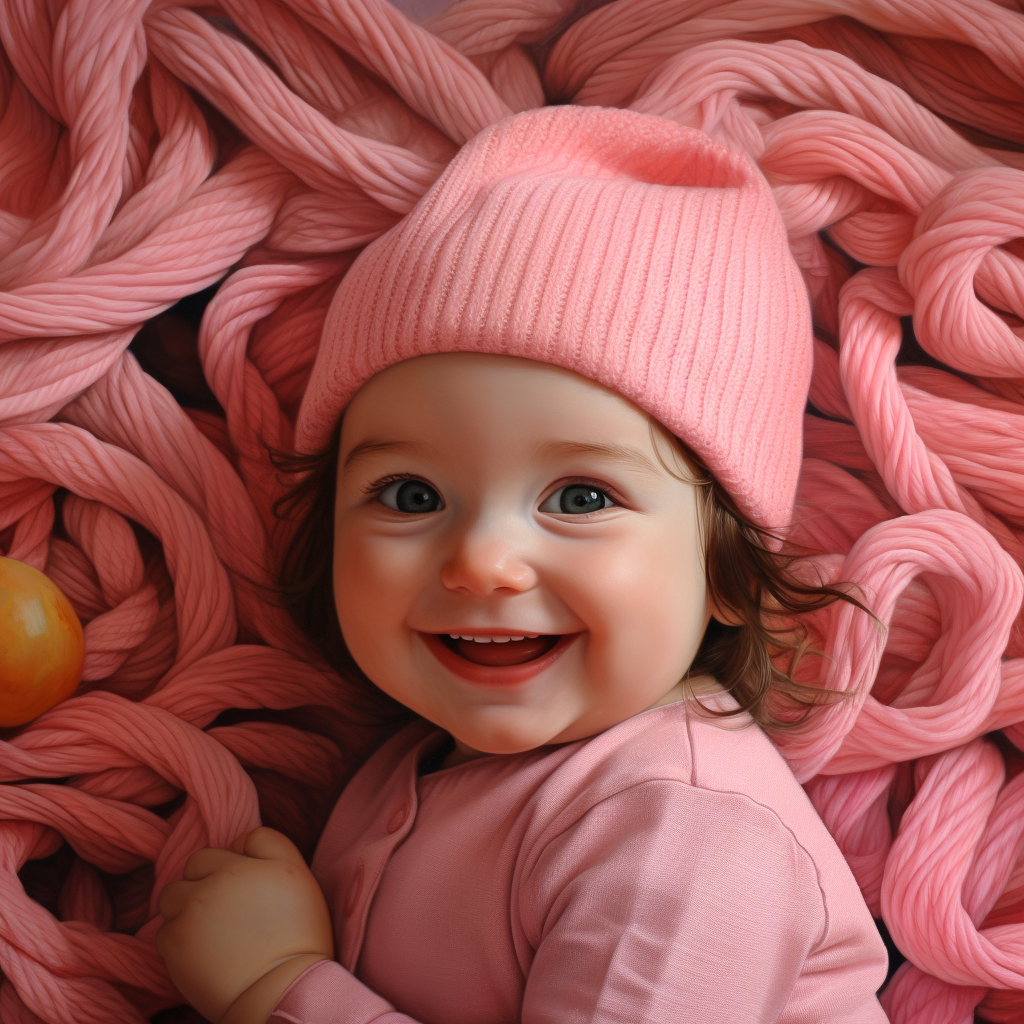 Cute baby girl in pink yarn craft