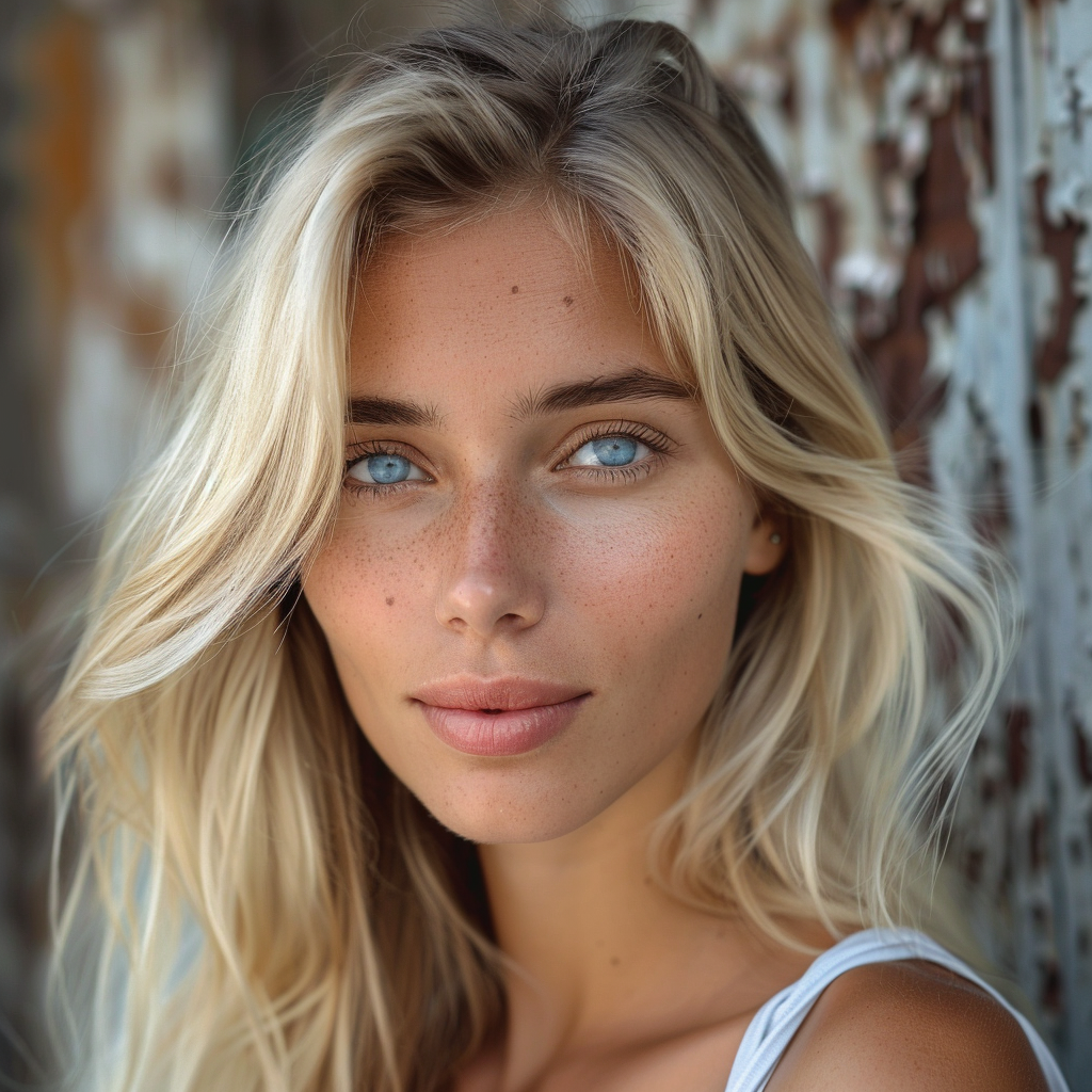 Blonde woman blue eyes smiling