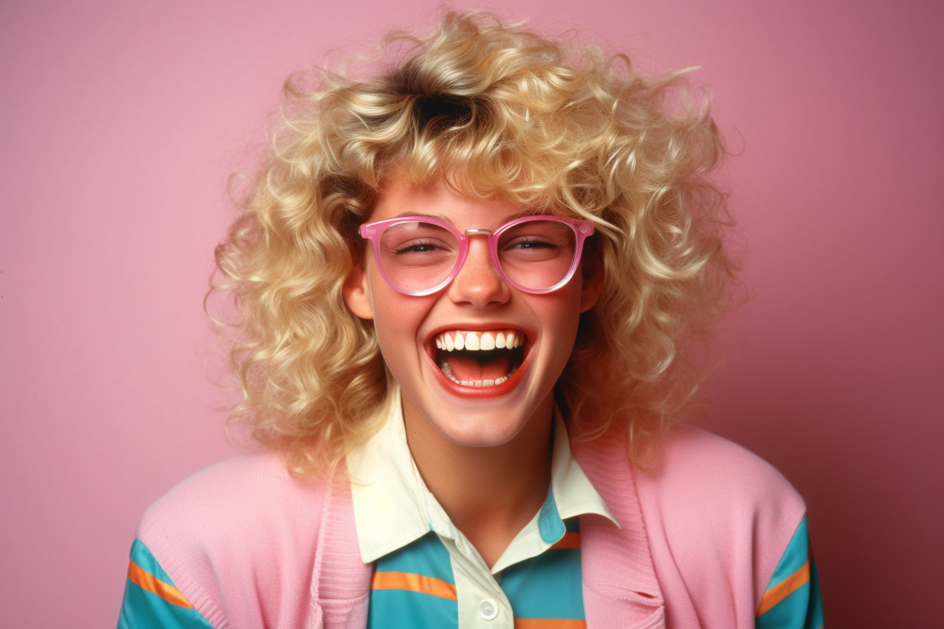 Blonde woman in 1980s style, looking happy