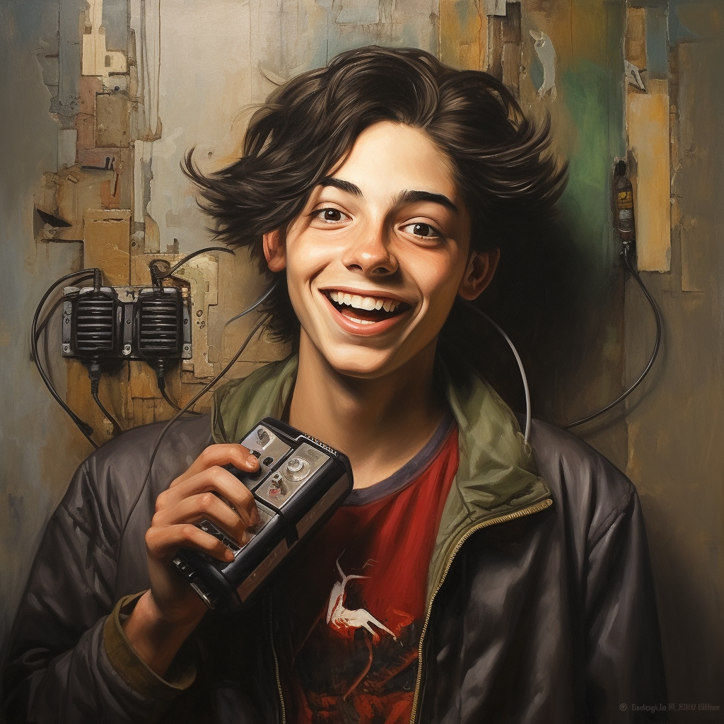 Smiling brunette teenage boy holding a battery