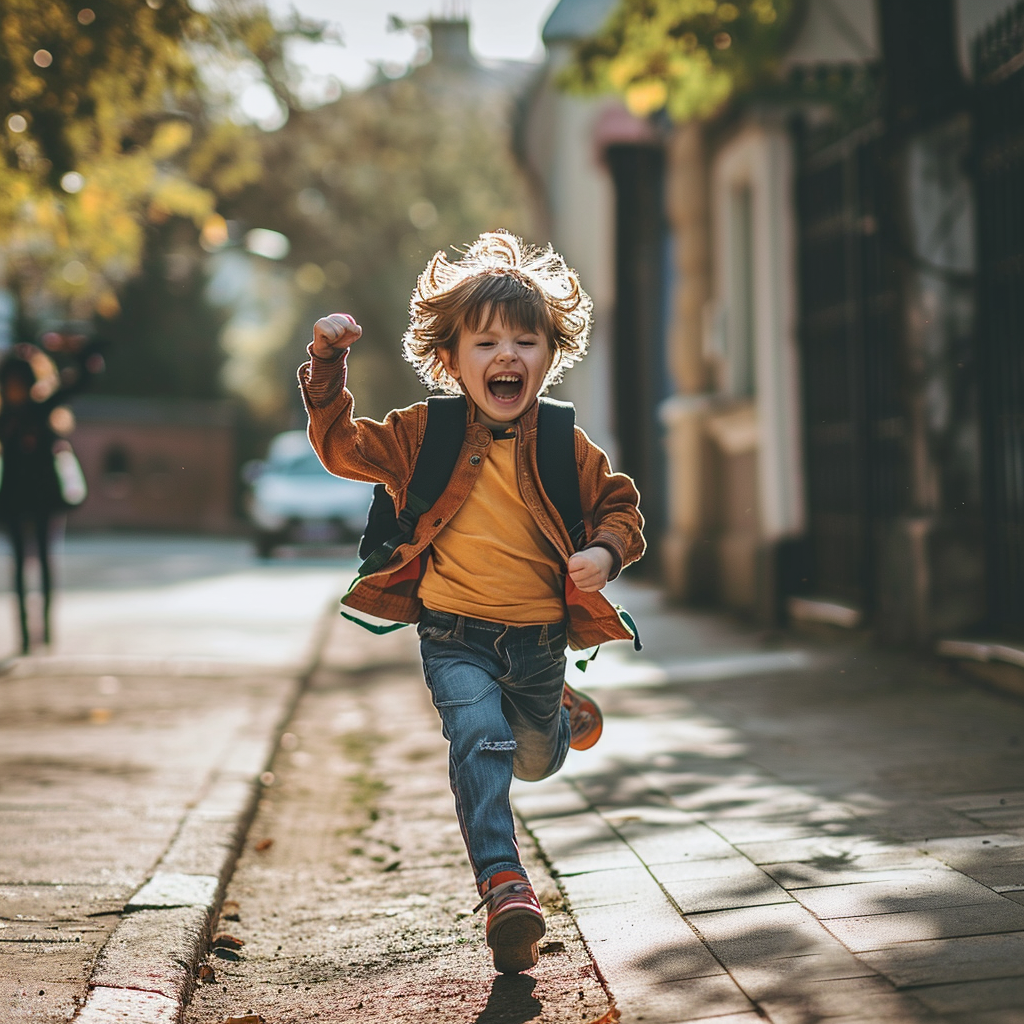 Child running out of school punching the air with joy