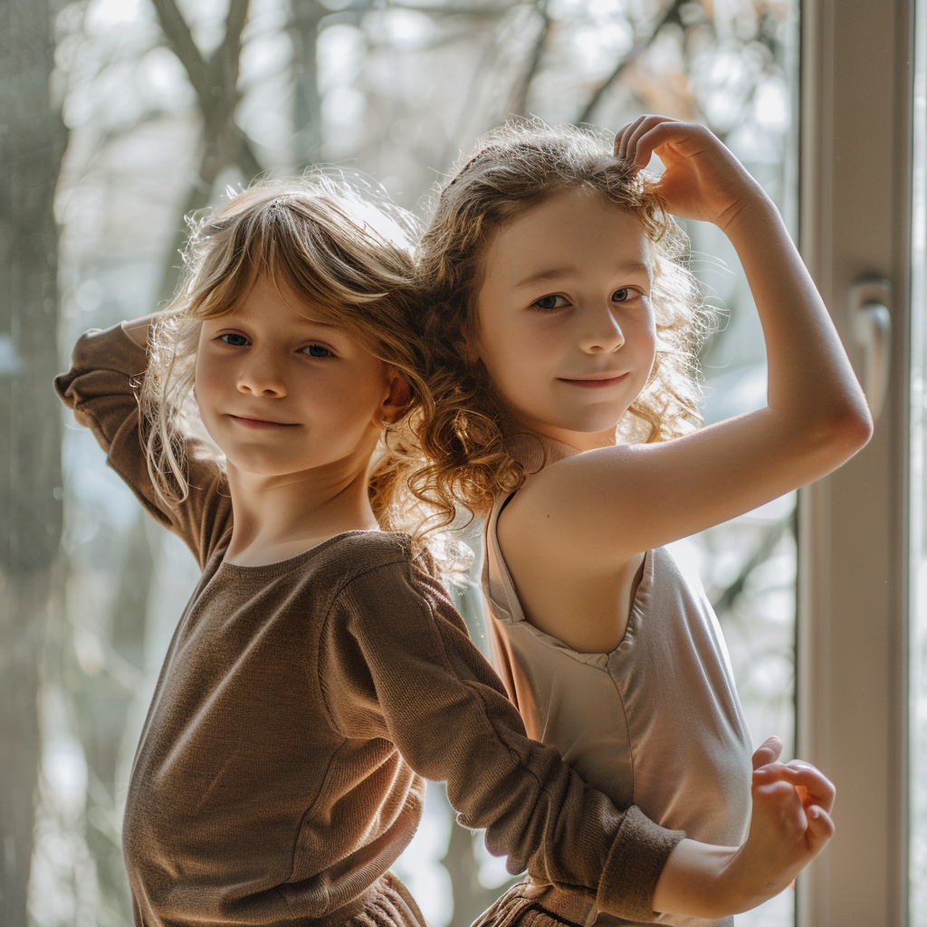 Children dance poses by window