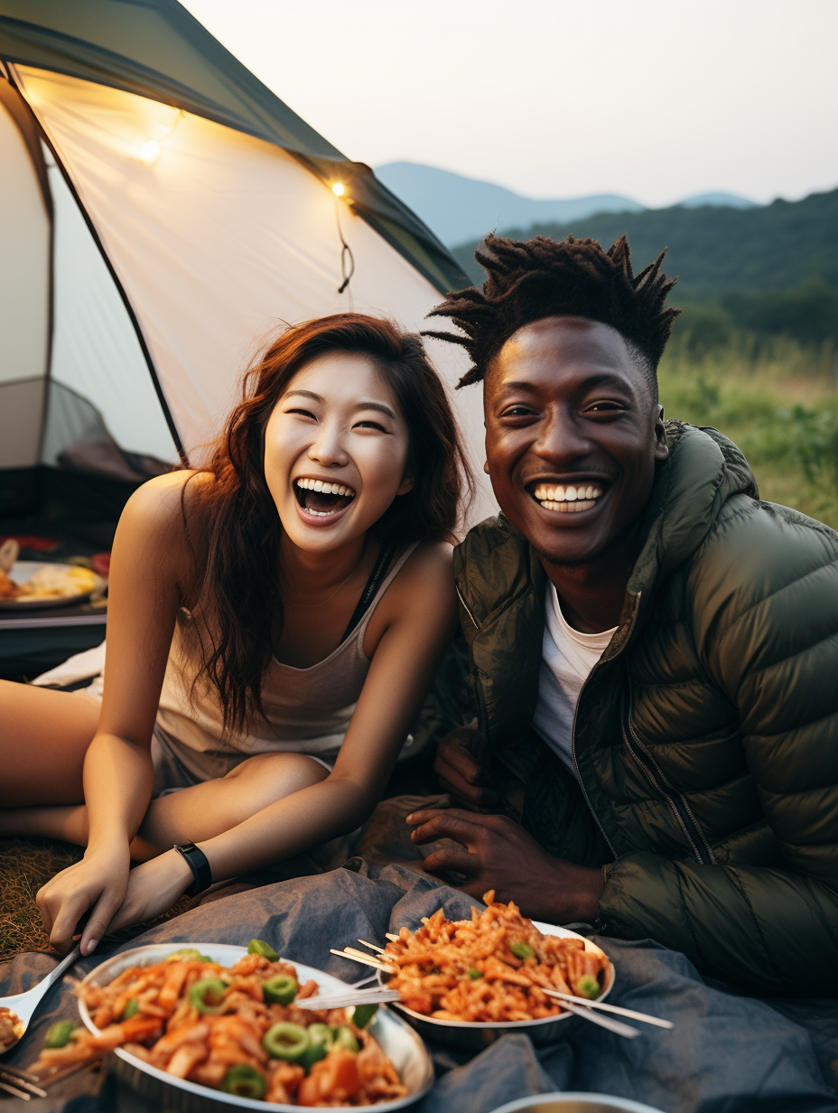 Happy young Chinese couple camping