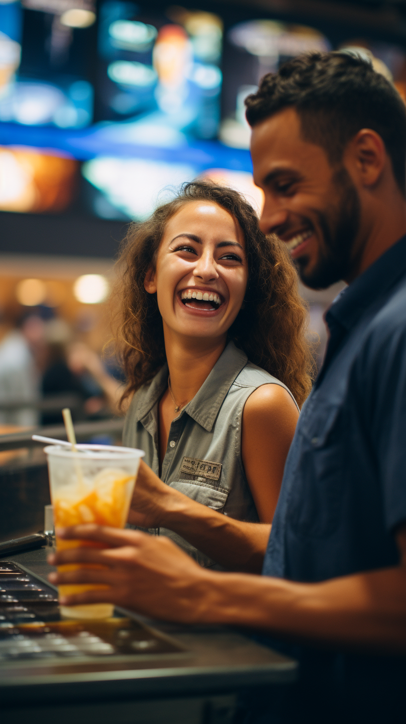 Smiling concessions worker serving cocktail to customer